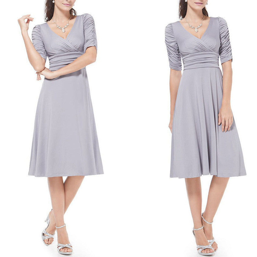 V-neck Ruched Empire Half Sleeves Knee-length A-line Dress - OhYoursFashion - 5