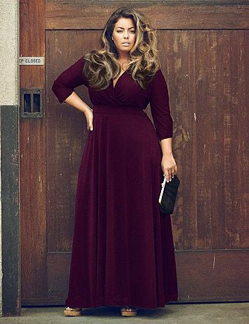 Plus Size V-neck Empire 3/4 Sleeves Party Long Dress - Oh Yours Fashion - 3