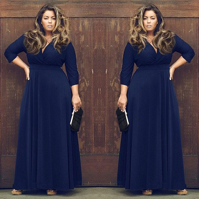Plus Size V-neck Empire 3/4 Sleeves Party Long Dress - Oh Yours Fashion - 1
