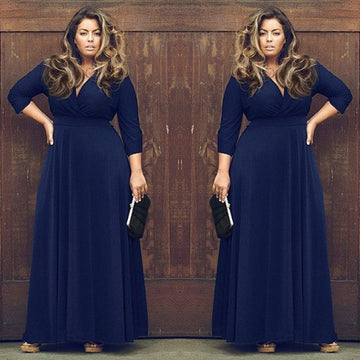 Plus Size V-neck Empire 3/4 Sleeves Party Long Dress - Oh Yours Fashion - 1