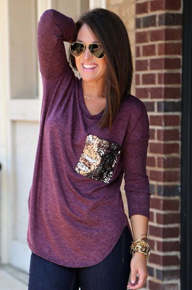 Scoop Sequins Pocket Long Sleeves Long Blouse - Oh Yours Fashion - 1