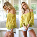 Off-shoulder Pure Color Lace Patchwork Casual Spaghetti Strap Blouse - Oh Yours Fashion - 2