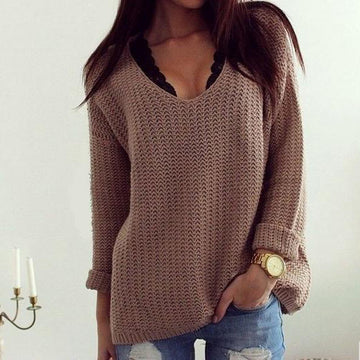 Deep V-neck Hollow Out Loose Pullover Sweater