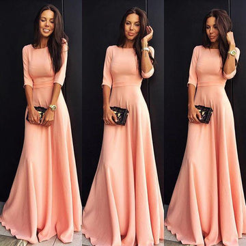Slim Pure Color 3/4 Sleeves Pleated Long Maxi Dress - OhYoursFashion - 1