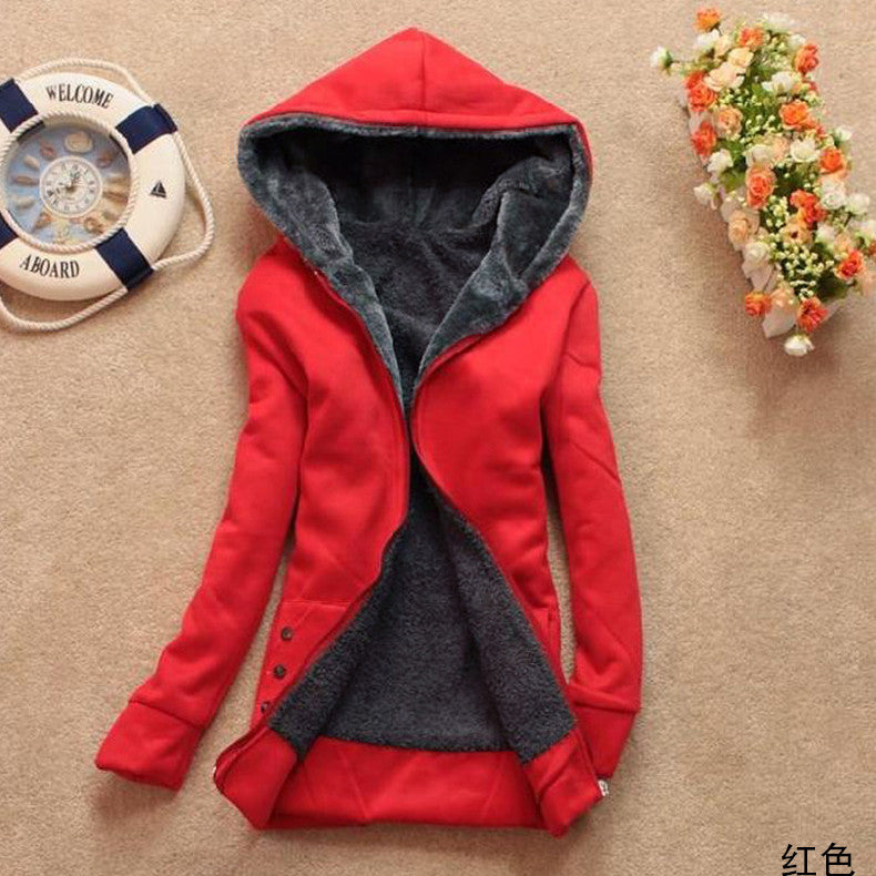 Hooded Thick Long Sleeves Pure Color Slim Mid-length Coat - Oh Yours Fashion - 1