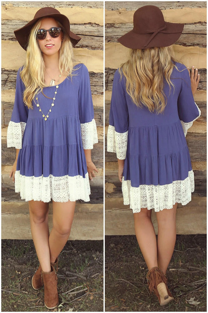 3/4 Sleeves Solid Color Scoop Lace Splicing Short Dress - Oh Yours Fashion - 4