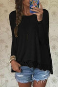 Lace Patchwork Long Sleeves Casual Loose Scoop T-shirt - OhYoursFashion - 4