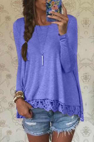 Lace Patchwork Long Sleeves Casual Loose Scoop T-shirt - OhYoursFashion - 6