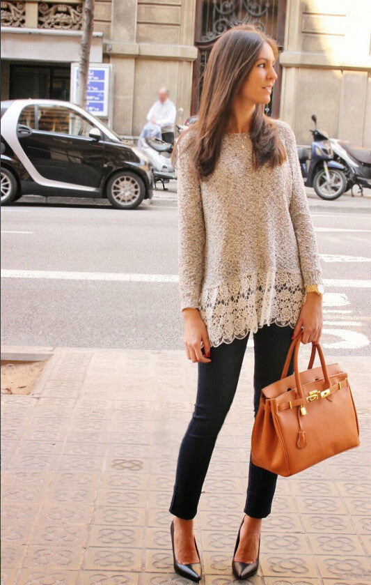 Lace Trim Pure Color Loose Knit Sweater - Oh Yours Fashion - 2
