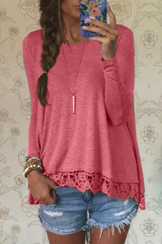Lace Patchwork Long Sleeves Casual Loose Scoop T-shirt - OhYoursFashion - 5