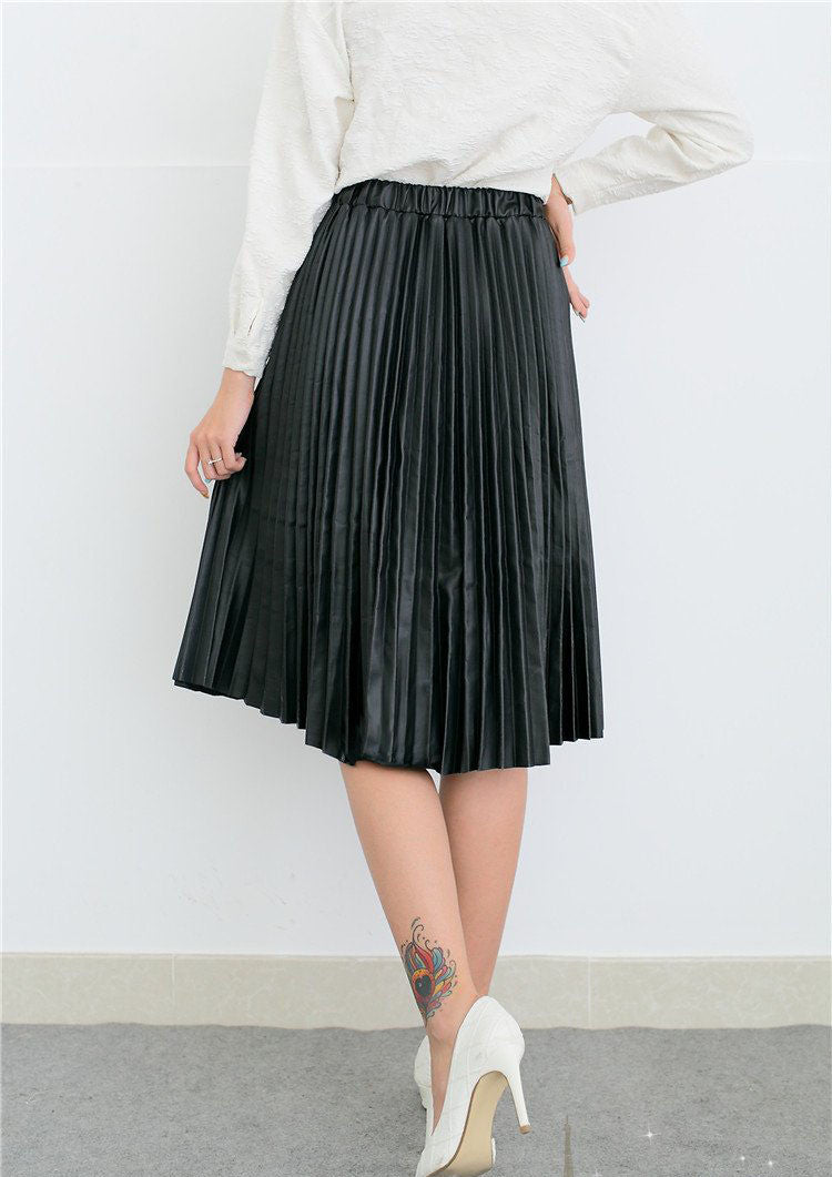 Retro PU High Waist Pleated Knee-Length Skirt - Oh Yours Fashion - 5