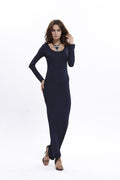 Elegant Pure Color Long Sleeve Scoop Bodycon Long Dress - Oh Yours Fashion - 8