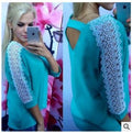 Hollow Out Lace Patchwork Scoop 3/4 Sleeves Loose Blouse - Oh Yours Fashion - 4