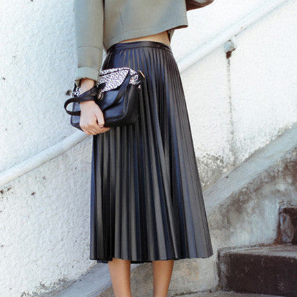 Retro PU High Waist Pleated Knee-Length Skirt - Oh Yours Fashion - 4