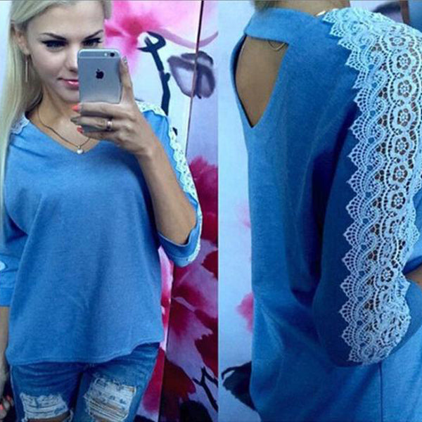 Hollow Out Lace Patchwork Scoop 3/4 Sleeves Loose Blouse