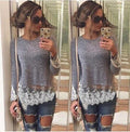 Lace Patchwork Long Sleeves Scoop Irregular Blouse - OhYoursFashion - 1
