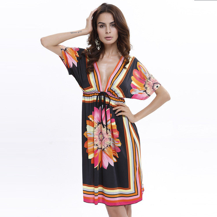 Plus Size Print V Neck Drawstring Loose Short Beach Dress - Oh Yours Fashion - 7