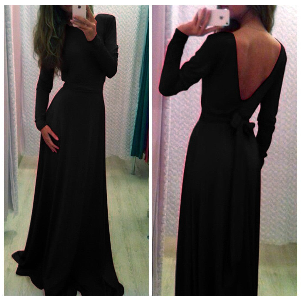 Long Sleeves Pure Color V-Back Backless Long Dress - Oh Yours Fashion - 2