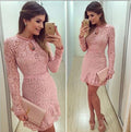 Lace Hollow Out Long Sleeves Mini Party Dress - OhYoursFashion - 1