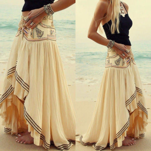 Bohemian Print Elastic Waist Irregular Long Beach Skirt - Oh Yours Fashion - 2