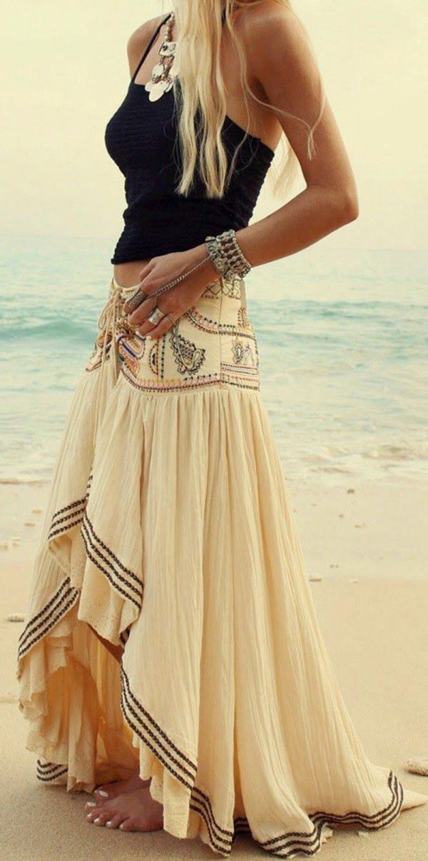 Bohemian Print Elastic Waist Irregular Long Beach Skirt - Oh Yours Fashion - 1