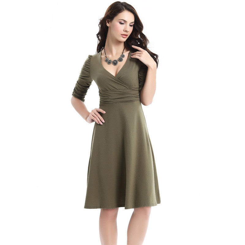 V-neck Ruched Empire Half Sleeves Knee-length A-line Dress - OhYoursFashion - 12