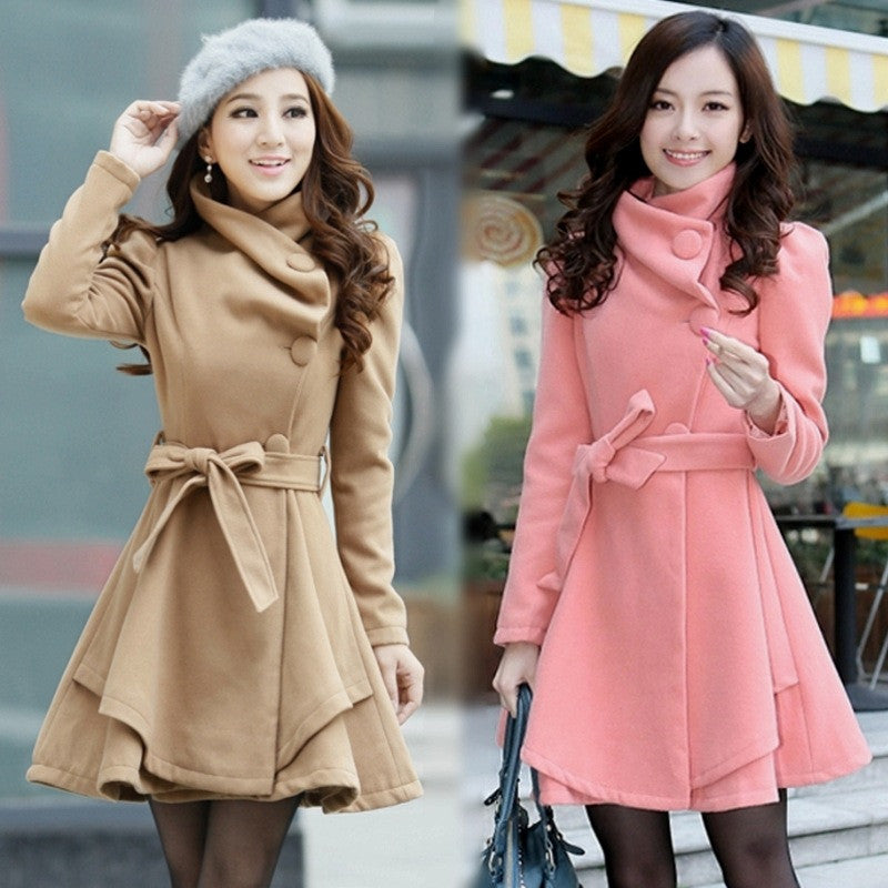 Stand Collar Belt Solid Cope Long Slim Coat - Oh Yours Fashion - 1