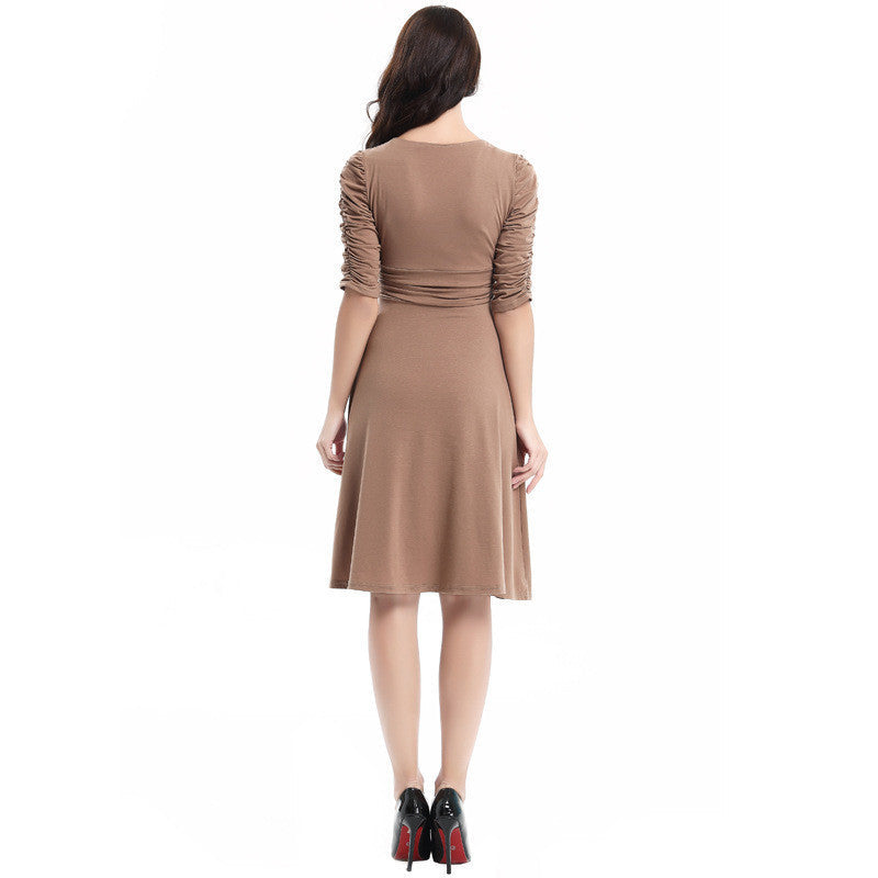 V-neck Ruched Empire Half Sleeves Knee-length A-line Dress - OhYoursFashion - 19