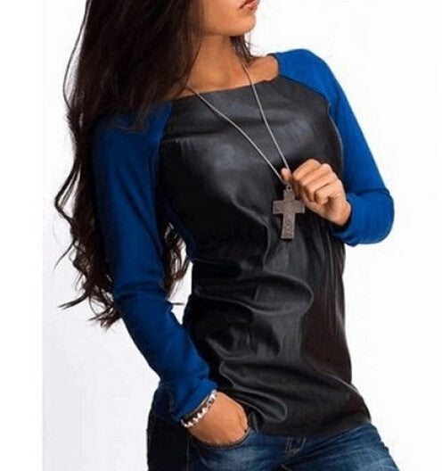 Pu Patchwork Scoop Long Sleeves Slim Blouse - Oh Yours Fashion - 5