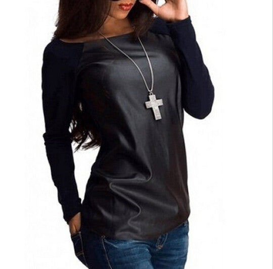 Pu Patchwork Scoop Long Sleeves Slim Blouse - Oh Yours Fashion - 3