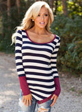Striped Scoop Long Sleeves Patchwork Navy Irregular T-shirt - OhYoursFashion - 2