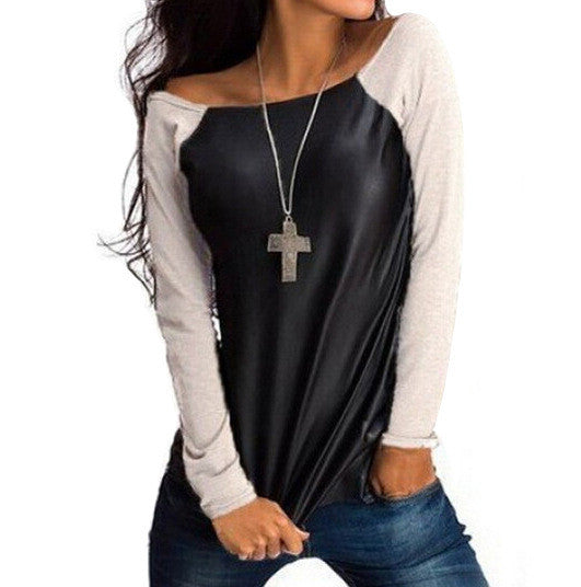 Pu Patchwork Scoop Long Sleeves Slim Blouse - Oh Yours Fashion - 1