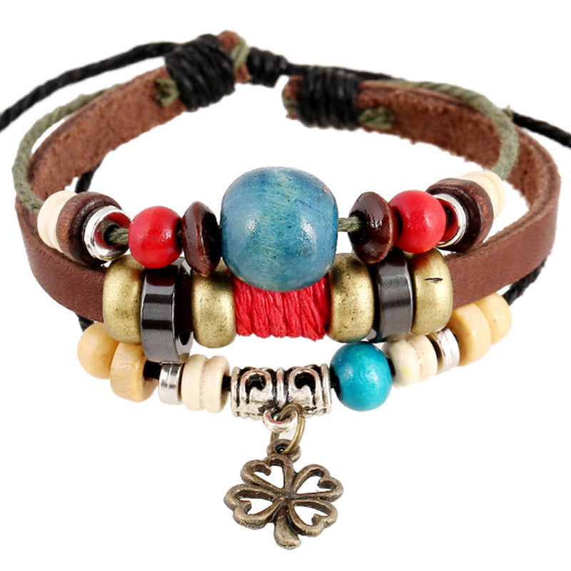 Clover Pendant Color Beads Leather Bracelet - Oh Yours Fashion - 2