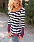 Striped Scoop Long Sleeves Patchwork Navy Irregular T-shirt - OhYoursFashion - 5