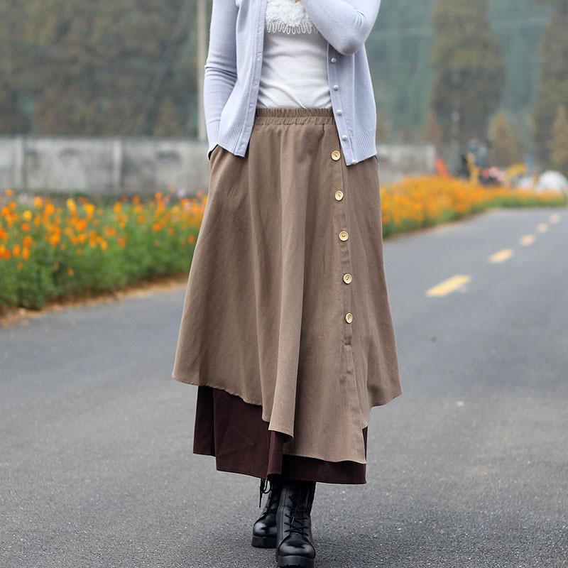 Bohemian Style Multi-layer Button Long Loose Skirt