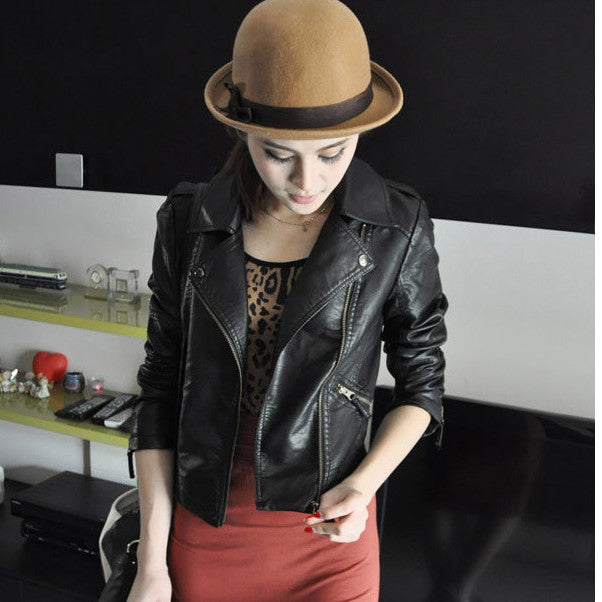 Women Black Zipper Moto Crop Slim Jacket - Oh Yours Fashion - 4