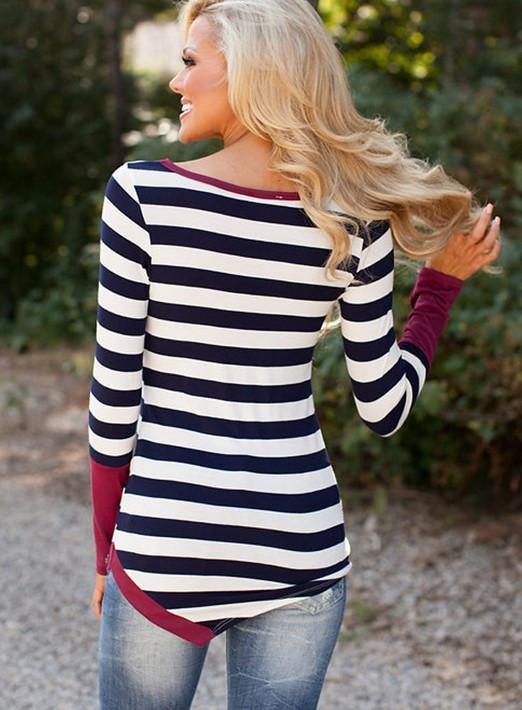 Striped Scoop Long Sleeves Patchwork Navy Irregular T-shirt - OhYoursFashion - 4