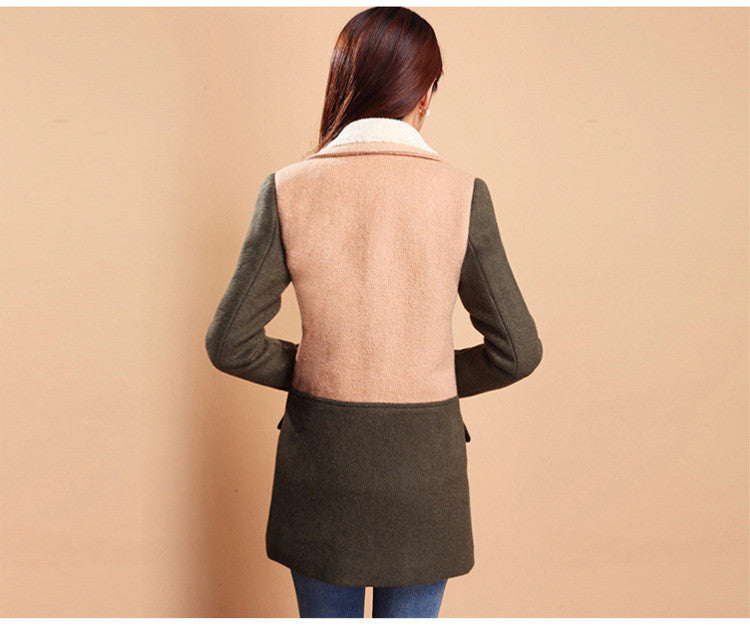 Lamb Wool Turn-down Collar Double Button Patchwork Mid-length Coat - Oh Yours Fashion - 9