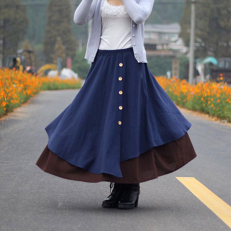 Bohemian Style Multi-layer Button Long Loose Skirt
