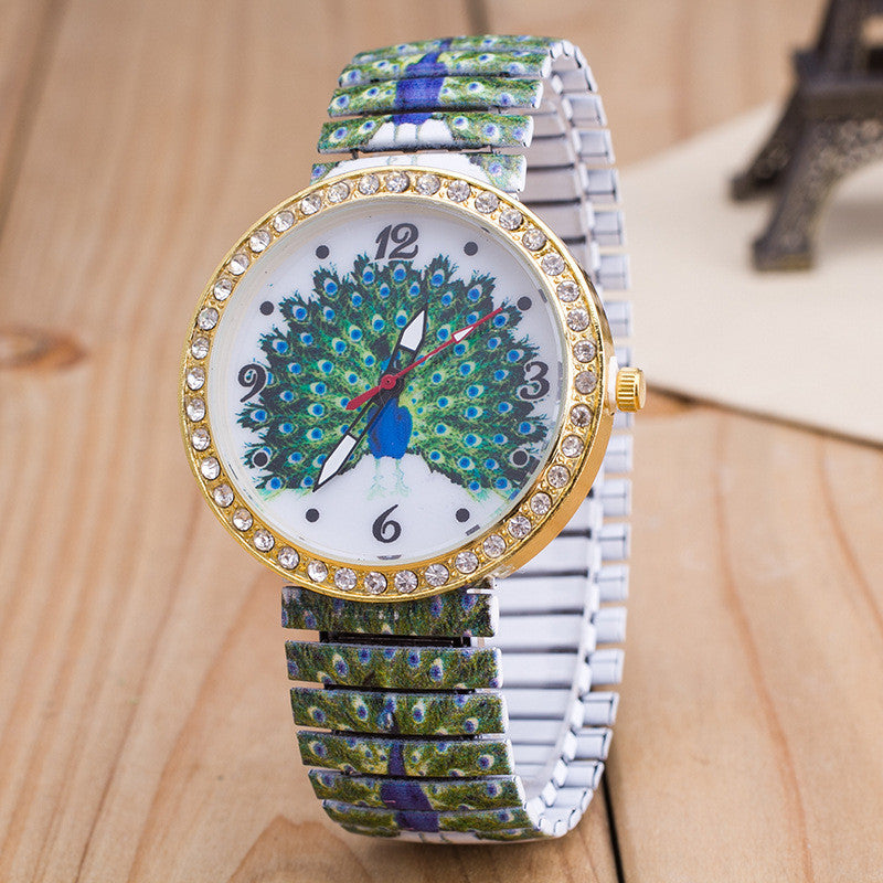 Peacock Print Dial Elastic Belt Watch - Oh Yours Fashion