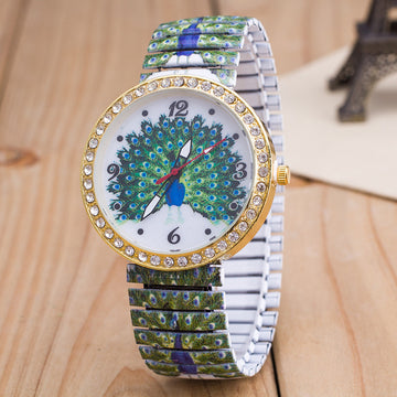 Peacock Print Dial Elastic Belt Watch - Oh Yours Fashion