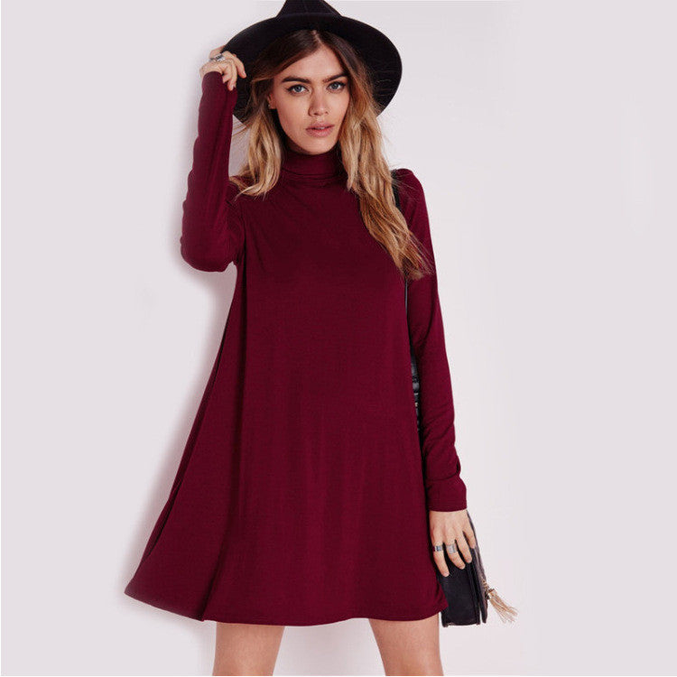 Simple Fashion High Neck Long Sleeve Loose Short Dress - Oh Yours Fashion - 1