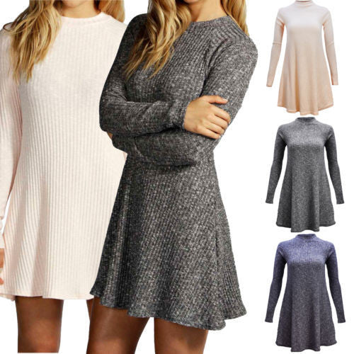 Women's Fashion Knit Ribbed Scoop A-Line Long Sleeve Sweater Dress - Oh Yours Fashion - 3