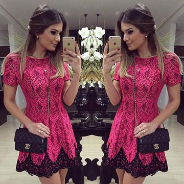 Scoop High-waist Splicing Short Lace Red Dress - OhYoursFashion - 1