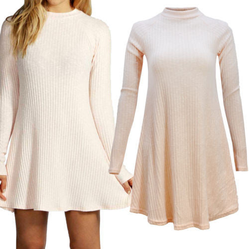 Women's Fashion Knit Ribbed Scoop A-Line Long Sleeve Sweater Dress - Oh Yours Fashion - 2