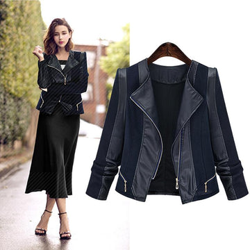 PU Patchwork Lapel Double Zippers Long Sleeves Slim Short Coat - OhYoursFashion - 2