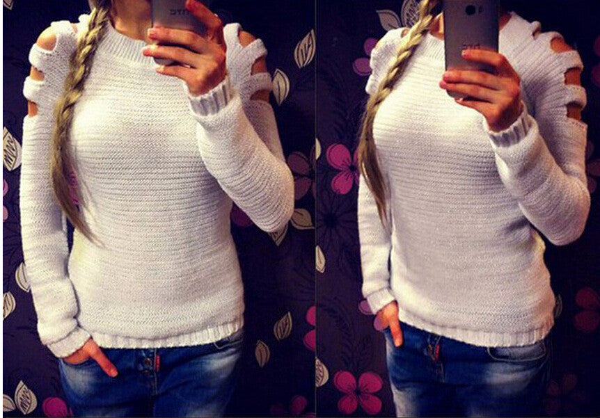 Cold Shoulder Slim Solid Round Neck Short Pullover Sweater - Oh Yours Fashion - 3