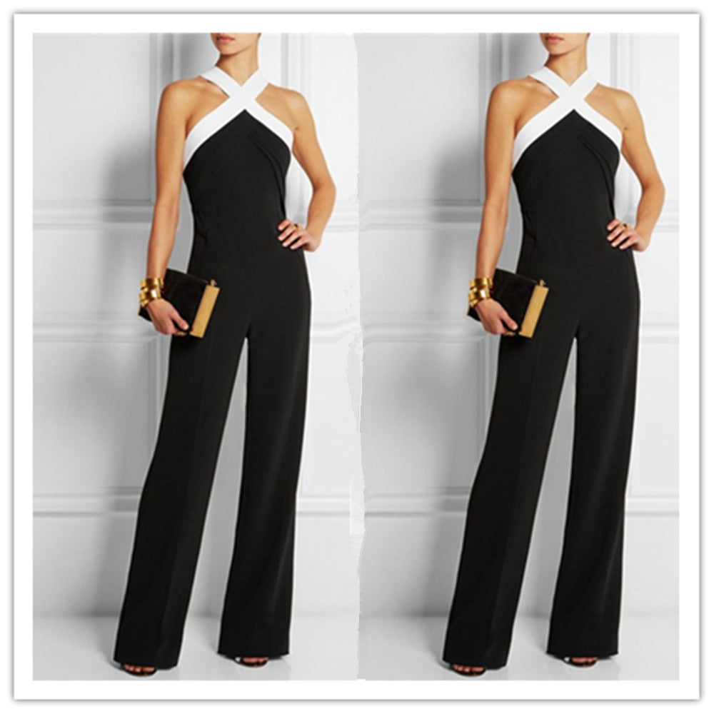 Elegant Patchwork Brief Halter Long Sleeveless Jumpsuits - Oh Yours Fashion