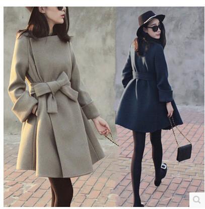 Scoop Bowknot Long Sleeves Slim Casual Woolen Coat - OhYoursFashion - 2