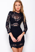 Hollow Out Lace High Neck Long Sleeve Lining Short Dress - Oh Yours Fashion - 6